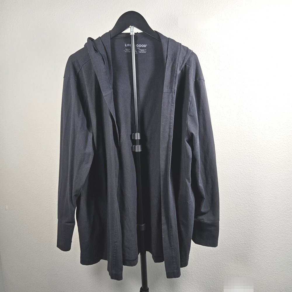 Life is Good Cardigan Womens XL Black Crusher-Flex Hooded Open Front Casual